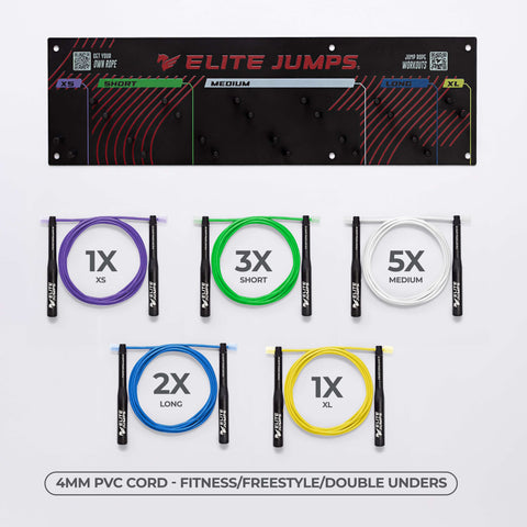 Gym Pack - Jump Rope Set & Wall Rack Accessory Elite Jumps 5 Sizes (XS/S/M/L/XL) 4mm PVC Cord
